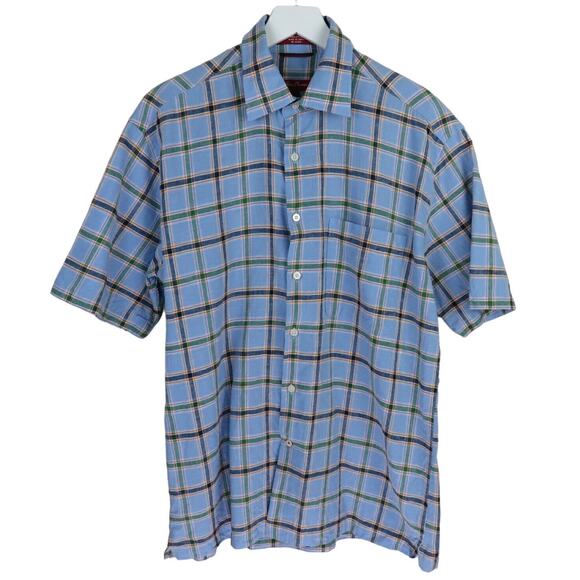 Alan Flusser Blue Plaid Linen Blend Short Sleeve Shirt - Men's M - Picture 1 of 5